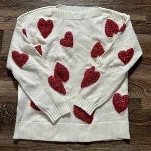 Loft Shimmer Heart Boatneck Sweater Size Small White/Pink